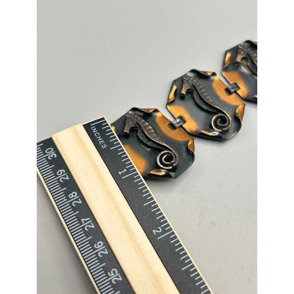 Vintage Copper Seahorse Bracelet with Hexagonal Links & Fold Over Clasp - Picture 7 of 7